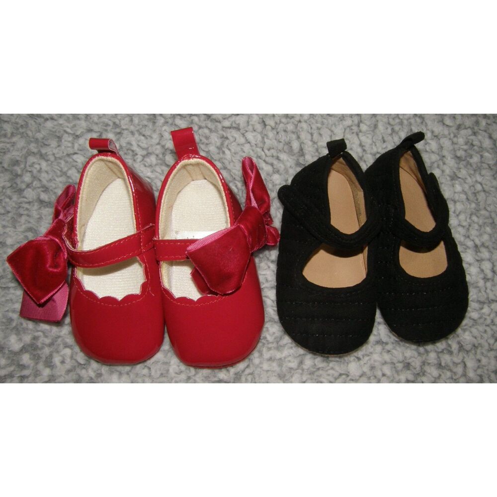 Baby Girls Sz 6-9 Months Black Mary Jane & Dressy Red Bow Soft Sole Shoes